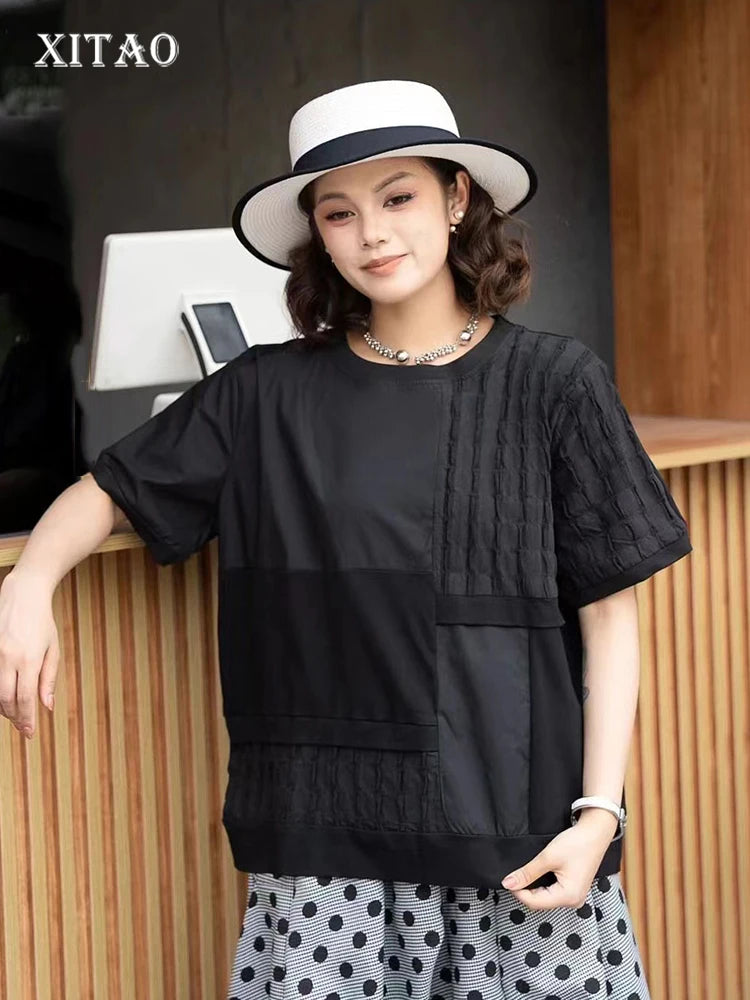 XITAO Folds Causal Female T-shirt Loose Solid Color Women Top Irregular Splicing Short Sleeve Summer New GJ1051