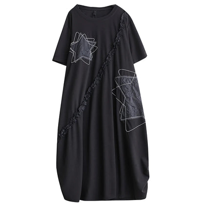 XITAO Black Draw String Lace-up T-shirt Dress Casual Loose Asymmetrical Edible-tree Fungus Splicing Decorate New Dress DMJ4149