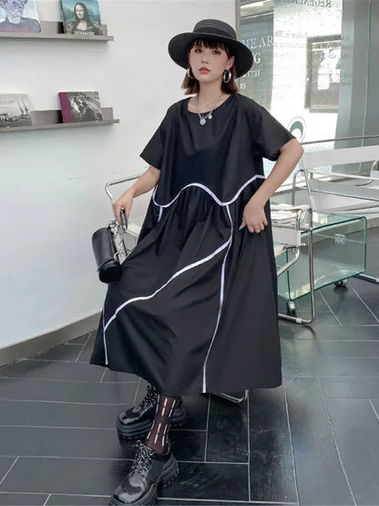 XITAO Pleated Dress Striped Pullover Half Sleeve Goddess Fan Casual Style 2024 Summer Minority Loose Elegant Dress WMD7034