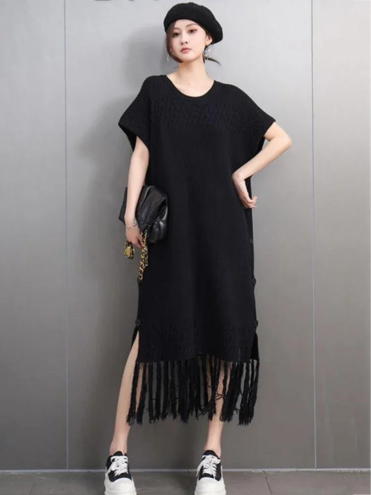 XITAO Knitting Patchwork Tassel Side Split Dress Solid Color O-neck Pullover Loose Slimming Hong Kong All Match GMM1352