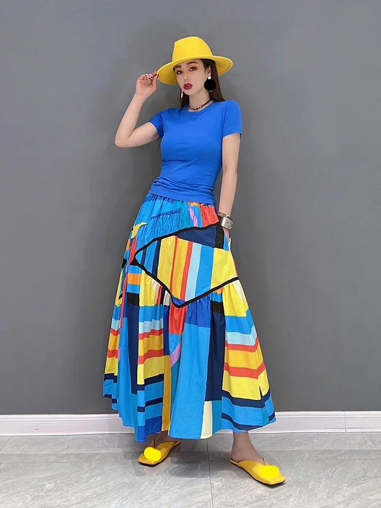 XITAO Contrast Color Skirt Irregular Folds Splicing A-line Skirt Personality New Fashion Street Trendy All-match Women WMD5493