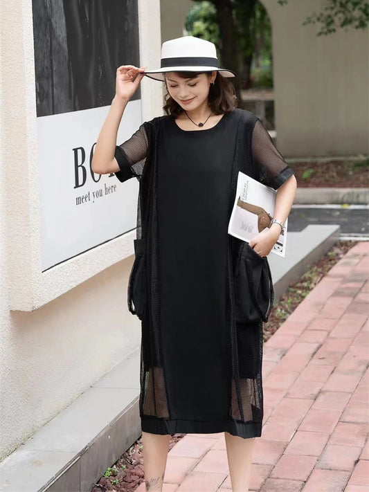 XITAO Gauze Patchwork O-neck Short Sleeve Dress Solid Color Pullover Loose Mid-calf Fashion Dress Summer Casual GJ1053