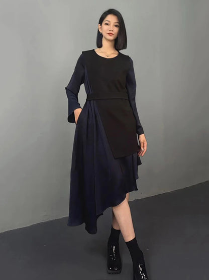 XITAO Contrast Color Patchwork Asymmetrical Dresses O-neck Long Sleeve Pullover Fashion Temperament New 2024 Autumn HJF86619