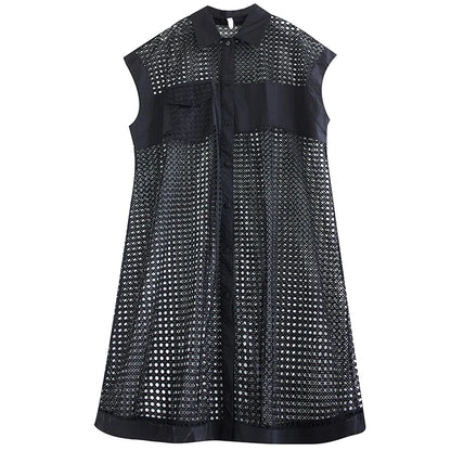 XITAO Mesh Hollowing Shirt Dress Loose Fashion Loose Turn-down Collar Single Breasted Dress 2024 Summer New Women HQQ2336