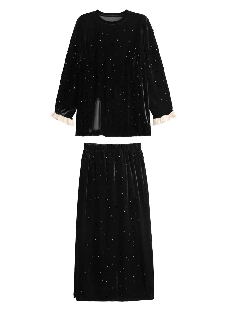 XITAO Embroidered Flares Velvet Top Half Skirt Two Piece Set O-neck Pullover Split Top Elastic Waist Ankle Length Skirt GYX1063