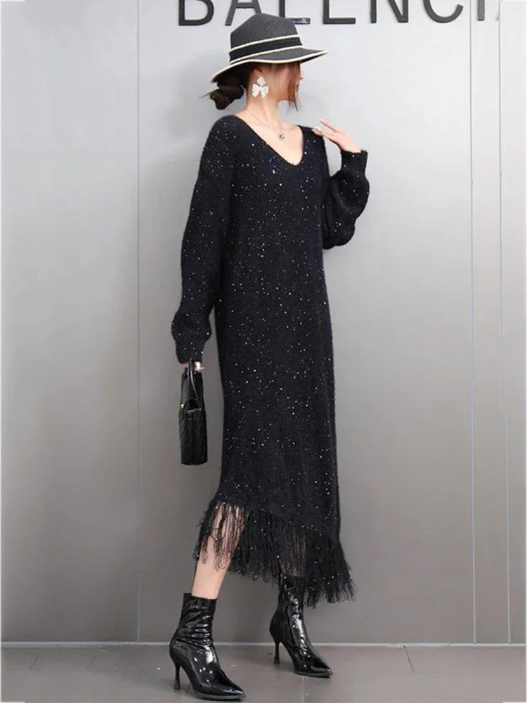 XITAO Sequined Tassel V-neck Full Sleeve Dress Europe Casual Solid Color A-line Mid-calf Knitting Autumn Women Dress GMM1279