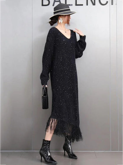 XITAO Sequined Tassel V-neck Full Sleeve Dress Europe Casual Solid Color A-line Mid-calf Knitting Autumn Women Dress GMM1279