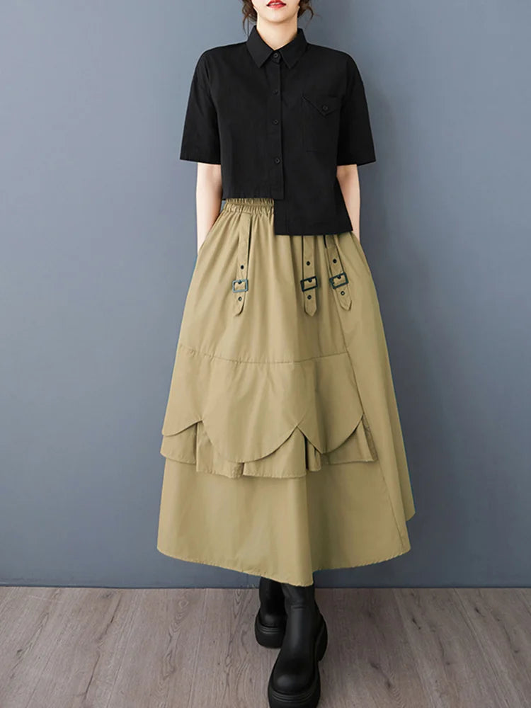 XITAO Sequined Button Pocket Asymmetrical Skirt Patchwork Elastic Waist Loose All Match Solid Color Mid-calf Skirt GMM1283