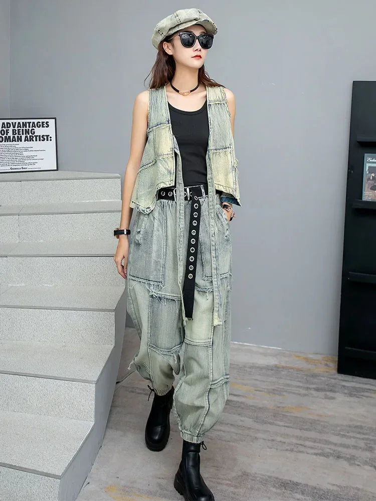 XITAO Vintage Denim Pants Sets Irregular Sleeveless Vest Harem Pants Two Pieces Sets Fashion 2024 Summer New Women SMH1630