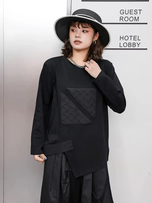 XITAO Asymmetrical Patchwork T-Shirts O-neck Pullover Solid Color Long Sleeve Casual All Match Loose Tops 2024 Autumn New GJ1089