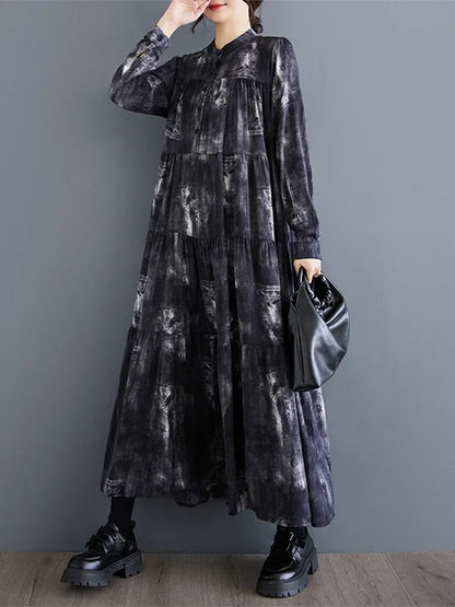 XITAO Print Loose Loose Female Dresses O-neck Pullover Long Sleeve A-line Mid-calf Dress Fashion 2024 Autumn New GYX1067