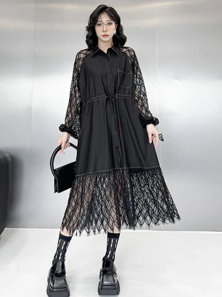 XITAO Patchwork Lace Irregular Dress Casual Loose Fitting A-line Turn-down Collar Mid-calf Hong Kong Autumn Women Dress GMM1190