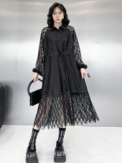 XITAO Patchwork Lace Irregular Dress Casual Loose Fitting A-line Turn-down Collar Mid-calf Hong Kong Autumn Women Dress GMM1190