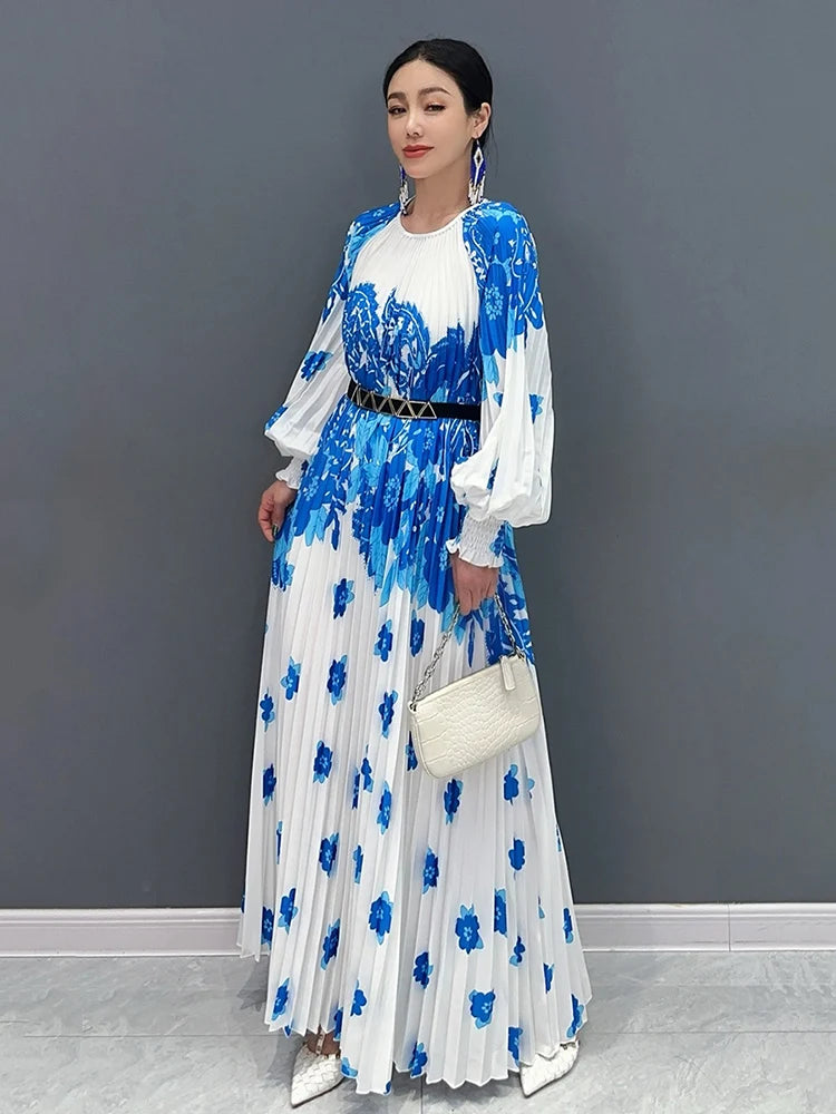 XITAO Contrast Color Pleated Print Dress Fashion Loose Lantern Sleeve Women Autumn New Simplicity Temperament Dress WLD20236