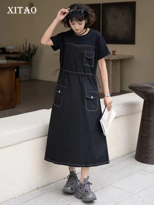 XITAO Vintage Patchwork Pocket Loose Female Dress Casual Drawstring Slimming Women Summer New O-neck A-line Dress HQQ2340