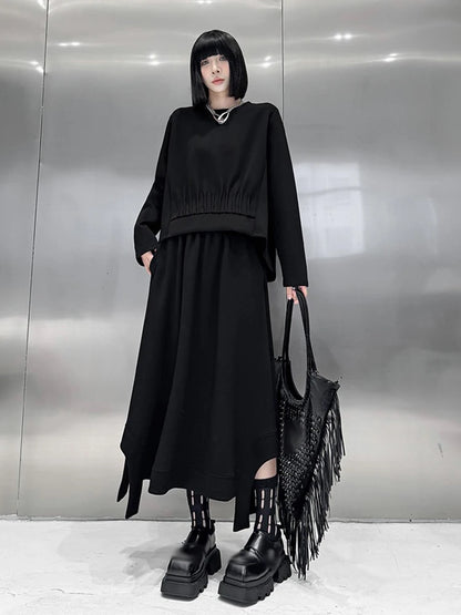 XITAO Solid Color Asymmetrical Slimming Dress Sets O-neck Pullover Long Sleeve Top Elastic Waist Loose Skirt 2024 Autumn DMJ5010