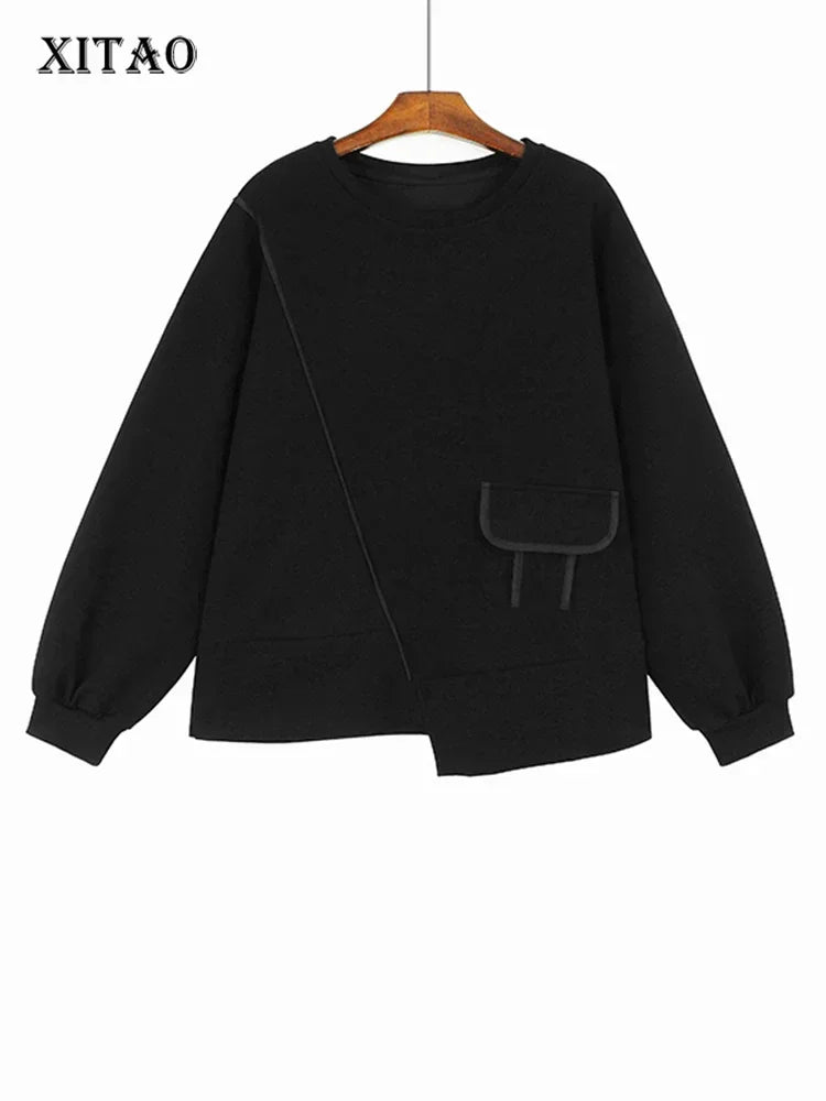 XITAO Casual Asymmetric Sweatshirts Personality Pocket Patchwork Women Spring New Loose All-match Long Sleeve Top DMJ3606