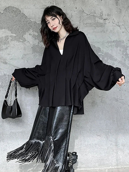 XITAO Asymmetrical Folds Batwing Sleeve Women Blouse Solid Color V-neck Pullover Loose Slimming Top Coat 2024 Autumn New ZY8887