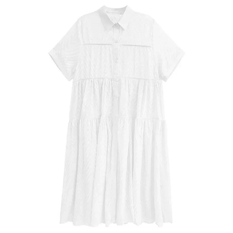 XITAO Lace Gauze Shirt Dress Loose Fashion Casual Women Short Sleeve Dress Summer New Temperament Turn-down Collar Dress HQQ0349