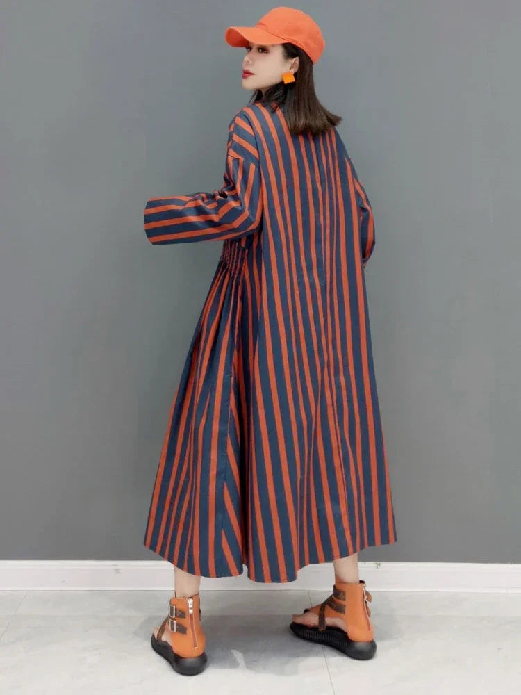 XITAO Striped Dress Fashion Stand Collar Loose Pleated Shrink Waist Shirt Dress Spring Summer Simplicity Women GWJ2751