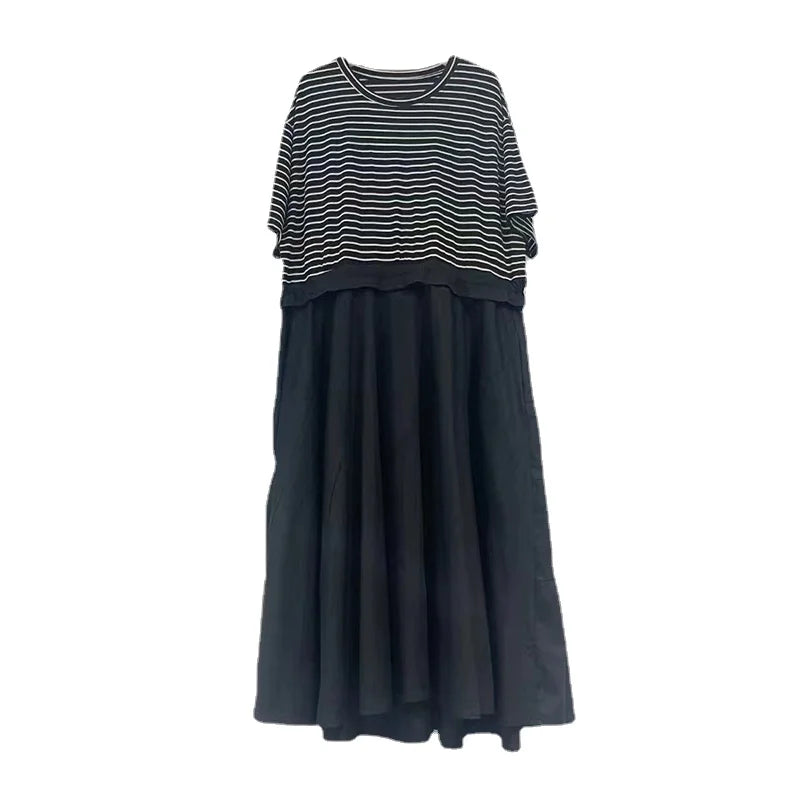 XITAO Striped False Two Pieces T-shirt Dress Loose Fashion Contrast Color Drawstring Patchwork Dress Summer New Women GJ1013