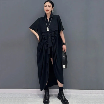 XITAO Irregular Singe Breasted Short Sleeve Dress Mid-calf A-line Solid Color Turn-down Collar Female Fashion Dress GMM1371