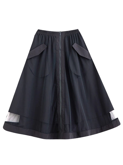 XITAO Gauze Patchwork Zipper Pockets Skirts Elastic Waist Solid Color Loose Mid-calf All Match Skirts 2024 Autumn New HJF5086