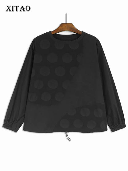 XITAO Drawstring Dot Female T-shirts Casual Loose Long Sleeve Patchwork Solid Color Autumn Pullover Women O-neck Top DMJ5013