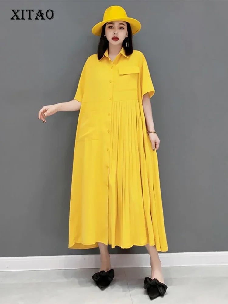 XITAO Single Breast Dress Fashion  Goddess Fan 2024 Summer Solid Color Casual Style Minority Loose Dress Top DMY4747