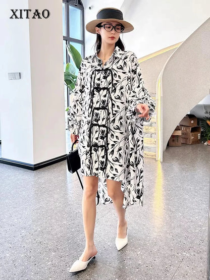 XITAO Asymmetrical Single Breasted Dresses Turn-down Collar Pocket Print Slimming Fashion Shirt Dress 2024 Summer New ZY8667