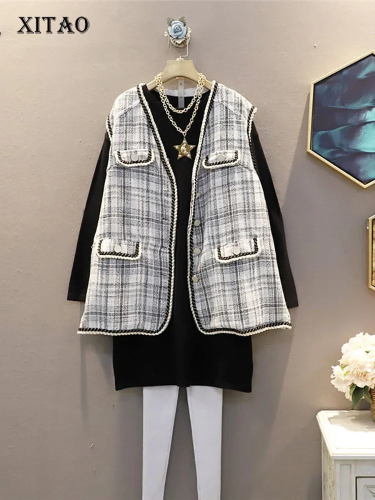 XITAO Plaid Vest Fashion New Women Single Breast Pocket 2024 Spring Sleeveless Small Fresh Casual Style Minority Vest ZP3223