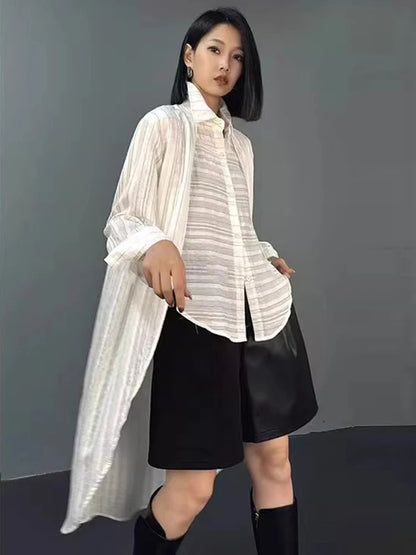 XITAO Asymmetrical Striped Single Breasted Women Shirt Turn-down Collar Loose Fashion All Match Temperament Blouse New ZY8917