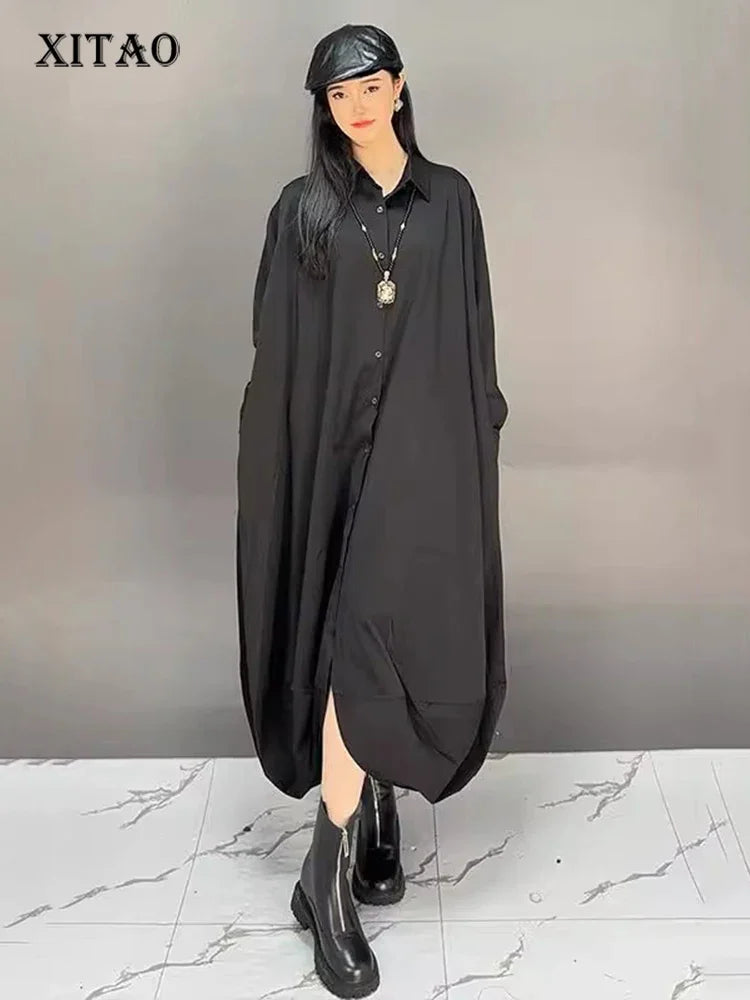 XITAO Loose Solid Color Dress Female Turn-down Collar Full Sleeve Single Breasted Casual Fashion All Match Dress New GYX1104