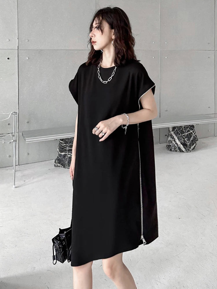 XITAO Black Casual T-shirt Dress Personality Loose Zipper Splicing Bat Wing Sleeve Summer New Street Trendy Women Dress WLD11291