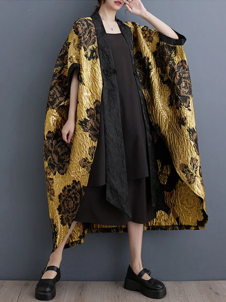 XITAO Bat Wing Sleeve Female Trench Flowers New Chinese Style Women Yellow Patchwork Vintage Loose Winter Coat DMJ3790