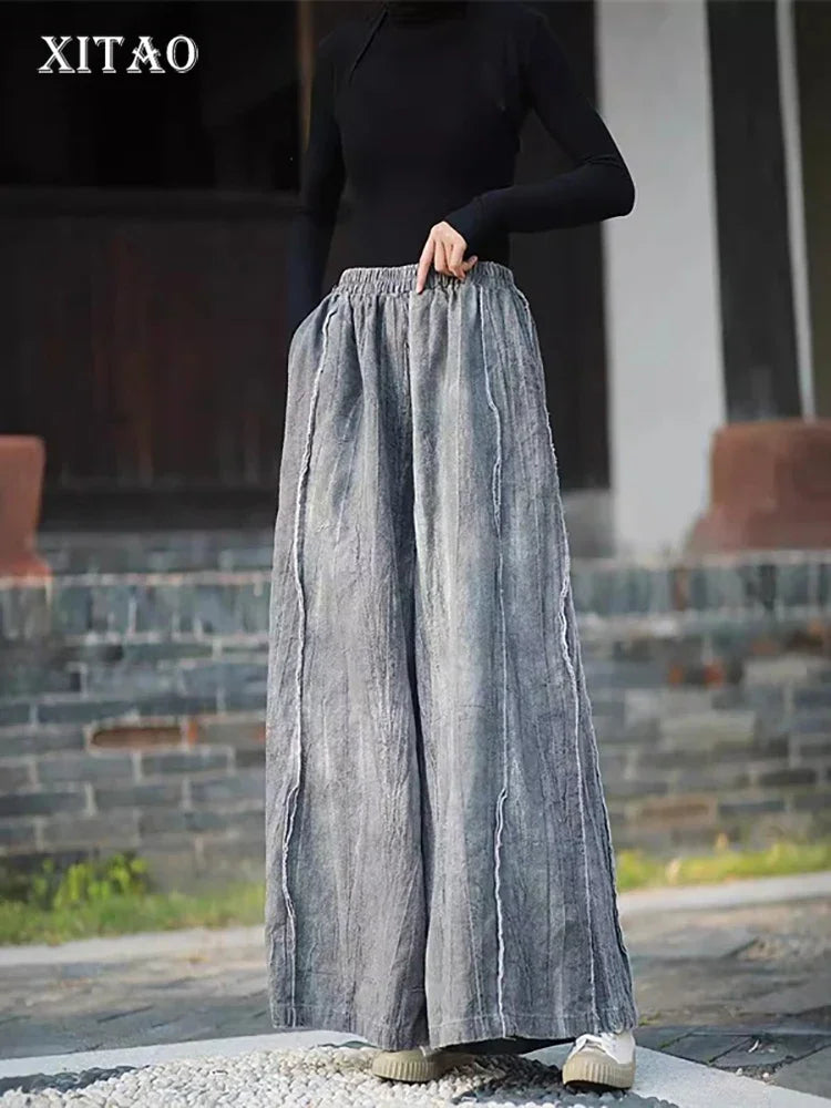 XITAO Solid Color Patchwork Pants Elastic Waist Fashion All Match Loose Casual Slimming Wide Leg Pants 2024 Autumn New LJ1053