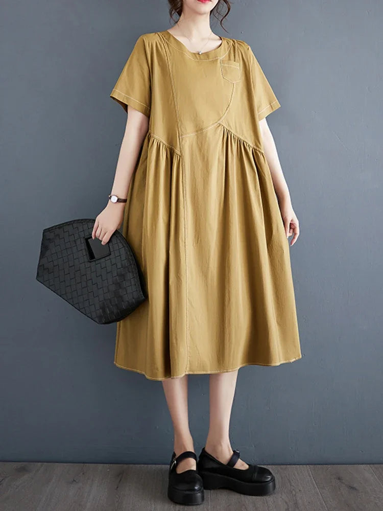 XITAO Patchwork Solid Dress Women Korea Summer New Arrival Personality Fashion Loose O-neck Short Sleeve Dress HQQ0786