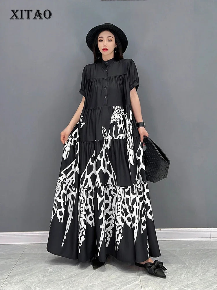 XITAO Pleated Casual Dress Loose Fashion Contrast Color Print Stand Collar Large Size Shirt Dress Temperament New Women WLD7792