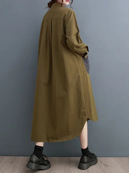 XITAO Fashion Casual Long Sleeve Dress Asymmetrical Contrast Color Big Pocket Loose Simplicity Stand Collar Dress ZZ0228