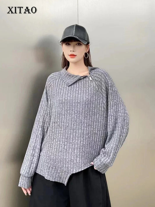 XITAO Asymmetrical Zipper Striped Pullovers Turtleneck Loose Long Sleeveless Casual All Match Fashion Tops 2024 Autumn GYX1005