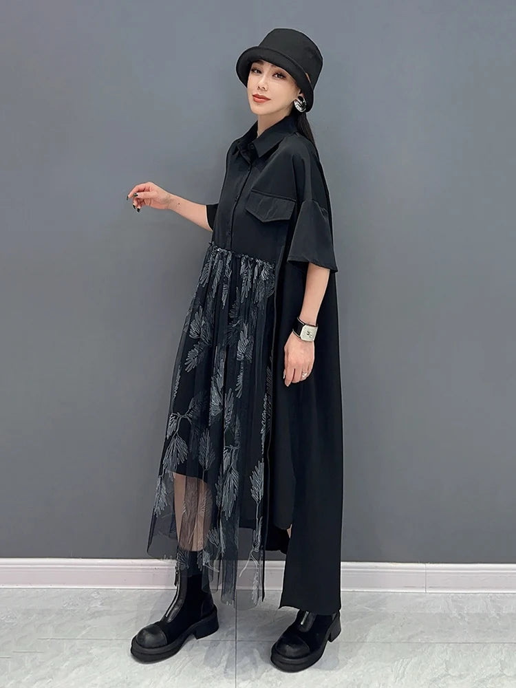 XITAO Asymmetrical Gauze Patchwork Black Shirt Dress Loose Fashion Short Sleeve Single Breasted Dress Summer New ZY8789