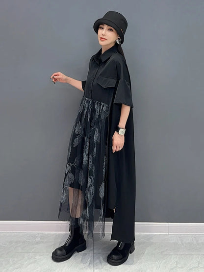 XITAO Asymmetrical Gauze Patchwork Black Shirt Dress Loose Fashion Short Sleeve Single Breasted Dress Summer New ZY8789