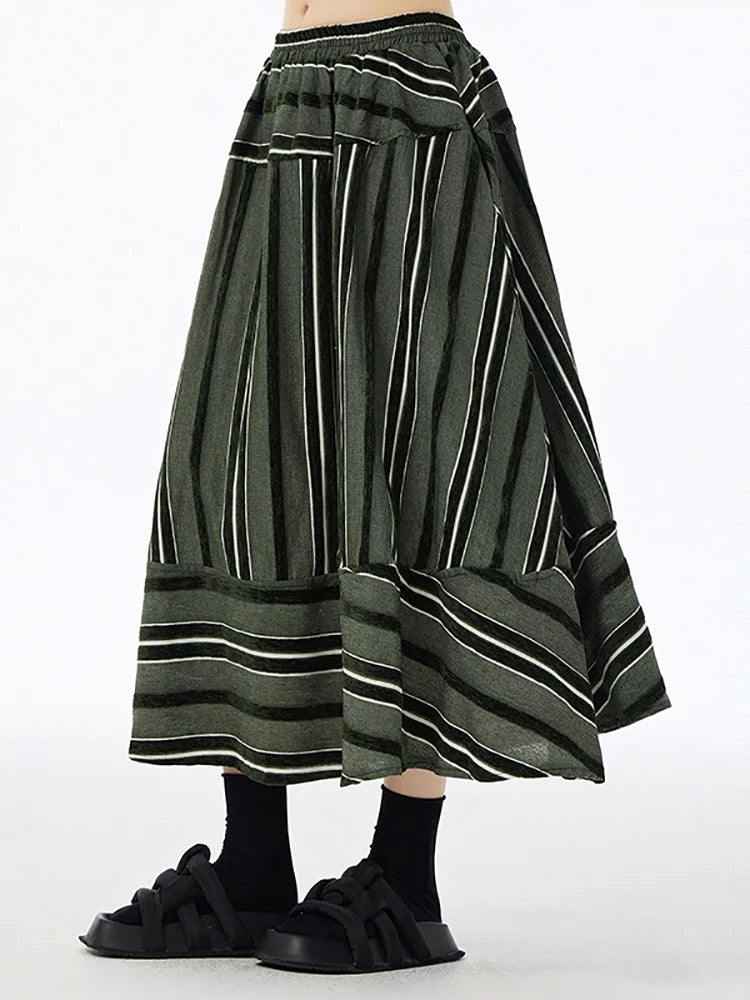 XITAO Striped Patchwork Elastic Waist Skirts A-line Loose Fashion Ankle-Length All Match Casual Skirts 2024 Autumn New HJF91533