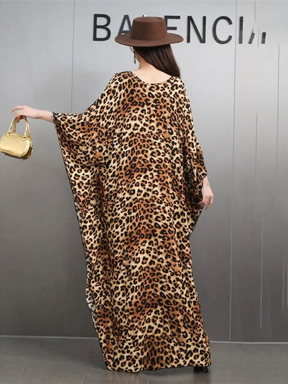 XITAO Leopard Batwing Sleeve Side Split V-neck Dress Pullover Loose Vintage Slim Fashion Ankle-Length All Match Dress GMM1239