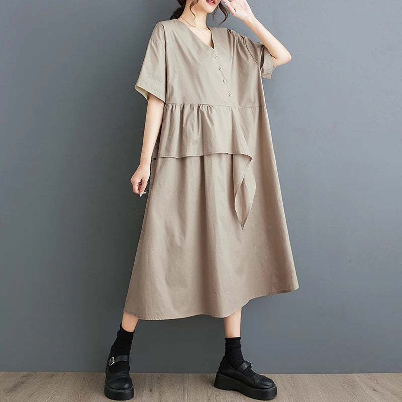 XITAO Flounced Edge Patchwork V-neck Dress Solid Color Short Sleeve Single Breasted Pullover Loose Dress 2024 Summer New ZY8812