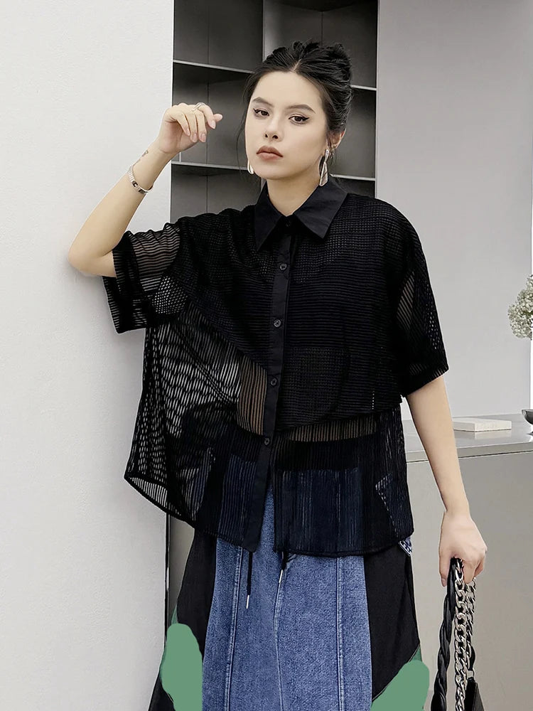 XITAO Striped Gauze Shirt Solid Color Perspective Short Sleeve Women Irregular Top Summer Personality New Shirt ZY8868