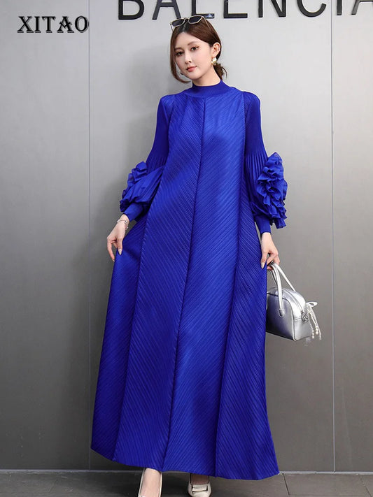 XITAO Loose Fitting Casual Solid Color O-neck A-line Dress Women Petal Sleeves New Grace Long Style Autumn Female Dress GMM1077