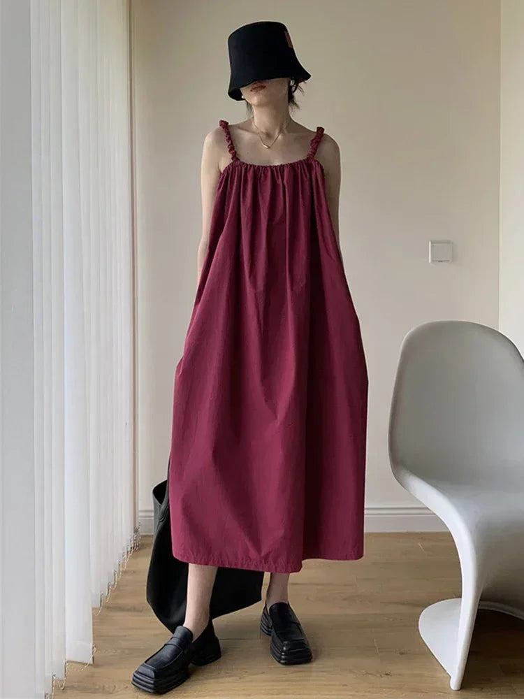 XITAO Solid Casual Strap Dress Women Korea 2024 Summer New Arrival Personality Fashion Loose Sleeveless Mid-calf Dress DMJ1938