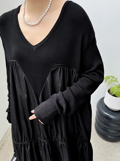 XITAO Knit Patchwork V-neck Full Sleeve Dress Solid Color Loose Simplicity Casual Slimming All-match Women New Dress DMJ5009