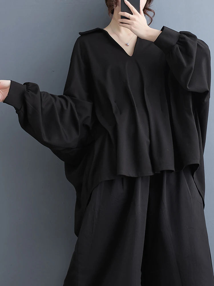 XITAO Black Casual Folds Women Blouse V-neck Collar Loose Top Batwing Sleeve Pullover Shirt Spring Simplicity New LYD1506